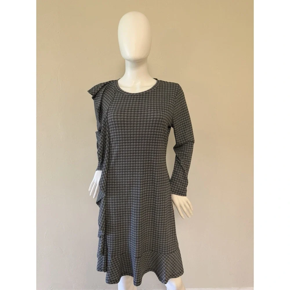 Michael Kors Houndstooth Ruffle Knit A-Line Dress Black White Long‎ Sleeve L
